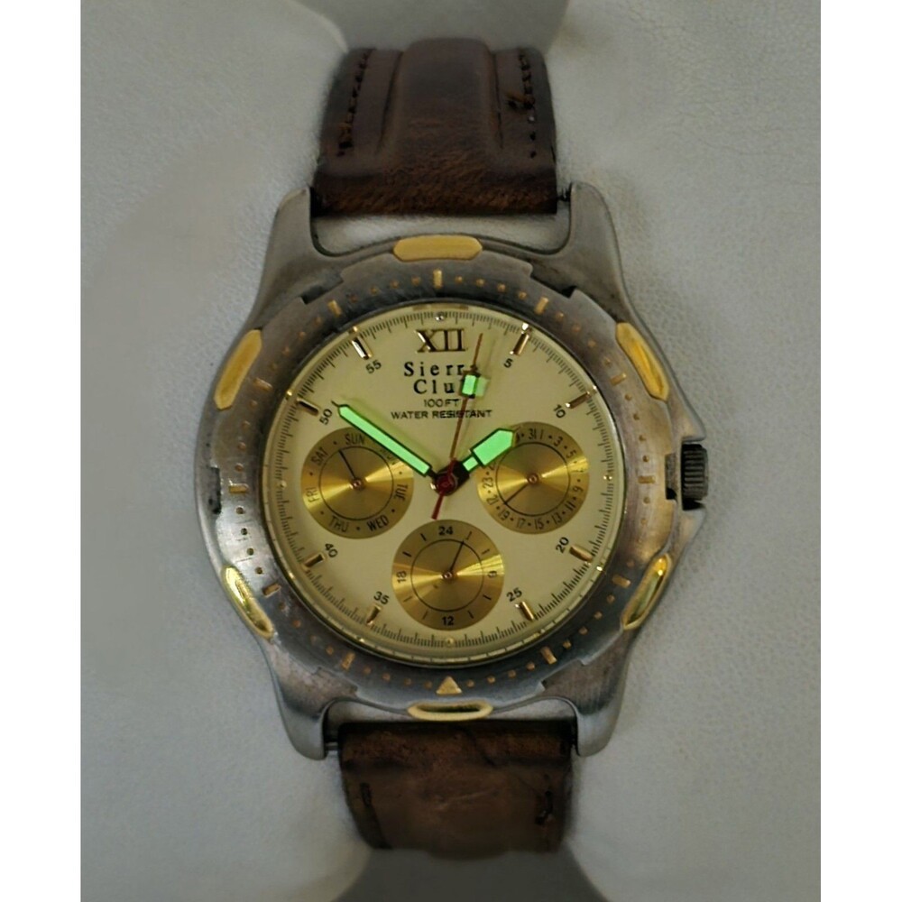 Men's Sierra Club Classic 3 Eye Silver Gold Tone Case Brown Strap Watch 13 - Picture 6 of 10